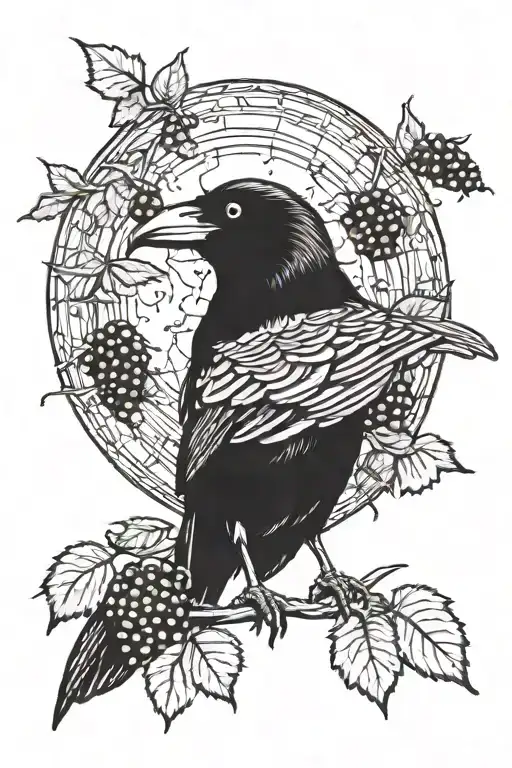 Crow With Blackberries Around It And A Full Moon In The Background