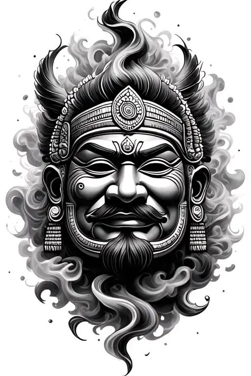 Traditional Nepalese Mask Portrait Fading Into Swirling Smoke