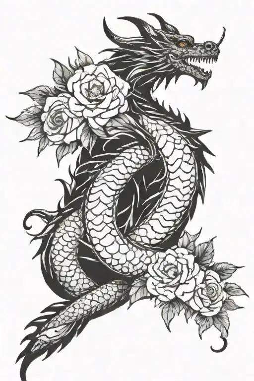 Dragon With Flowers Around It Tattoo