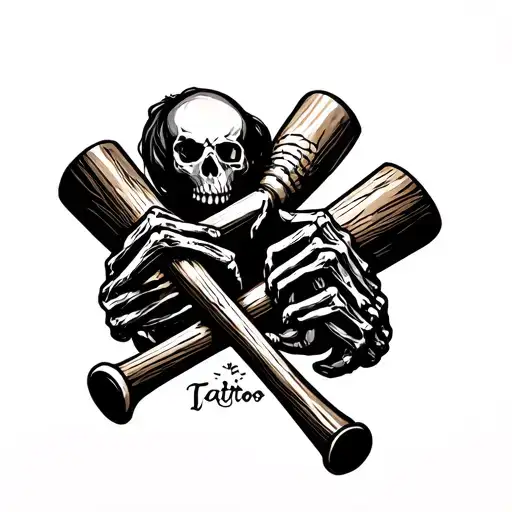 Two Skeleton Hands Holding Crossed Wooden Baseball Bats