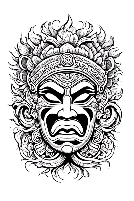 Traditional Nepalese Mask Surrounded By Swirling
