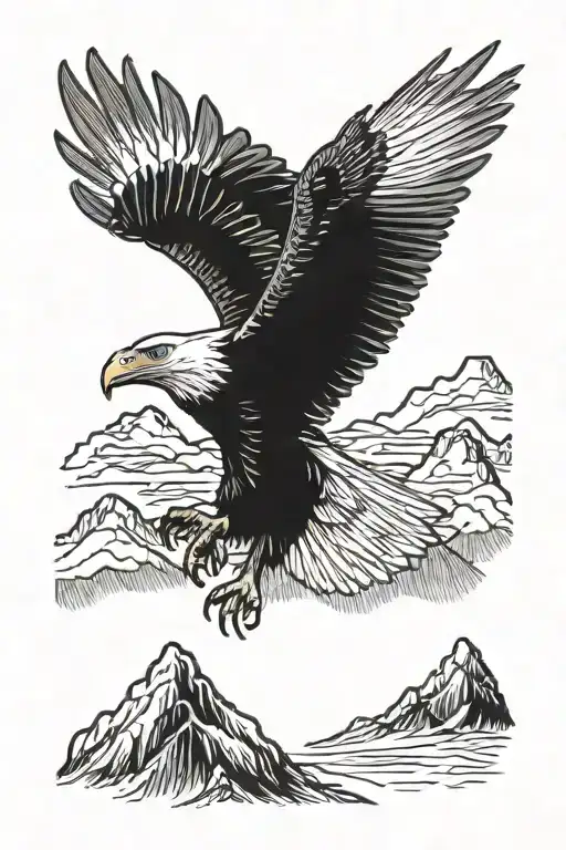 Tattoo Of A Bald Eagle Flying Over A Mountain Range With The Phrase 'Land Of The Free' Incorporated