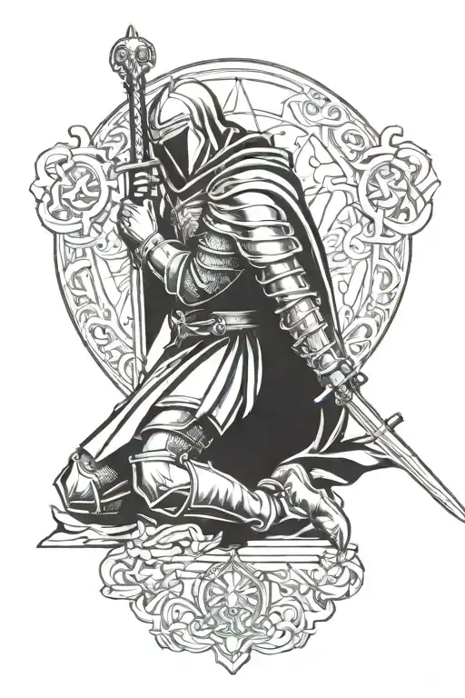 Kneeling Crusader Praying With Sword Surrounded