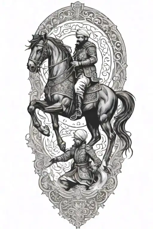 Old Iranian Soldier With Black Horse Goes Through Fire