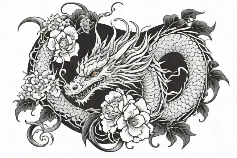 Dragon With Geisha And Flowers Tattoo