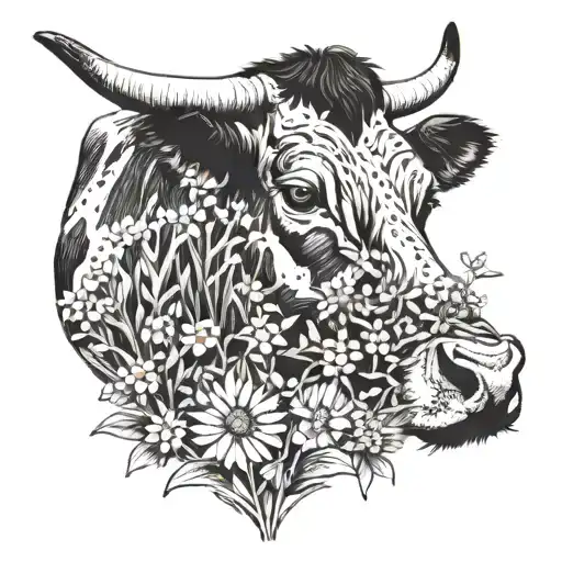 Combine A Cow With A Field Of Wildflowers In A Blackwork Style