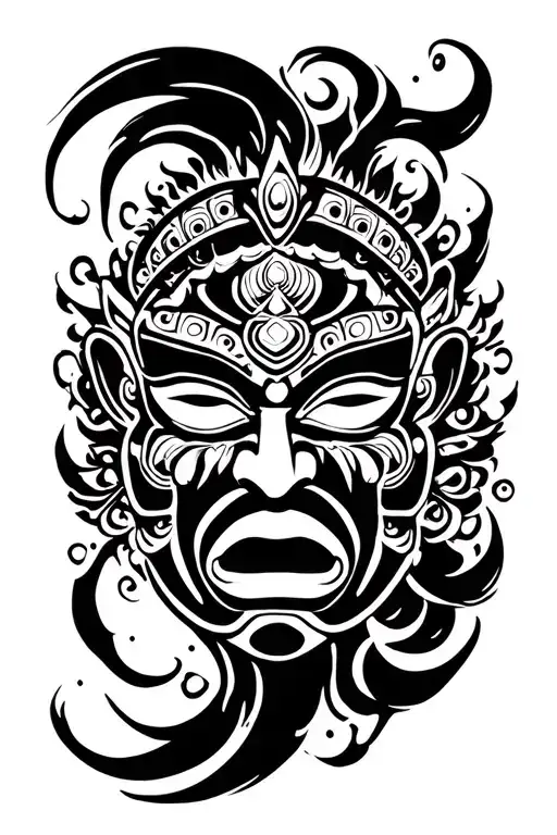 Traditional Nepalese Mask Surrounded By Swirling