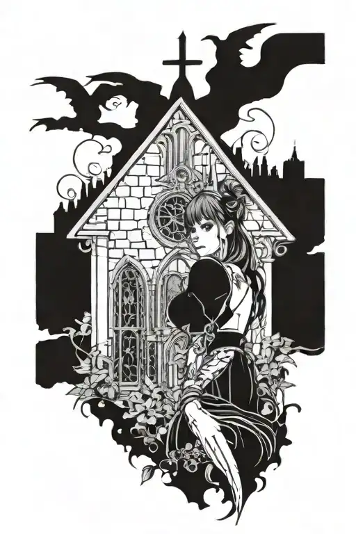 Gothic Anime Girl With A Gothic Church Towers Filler