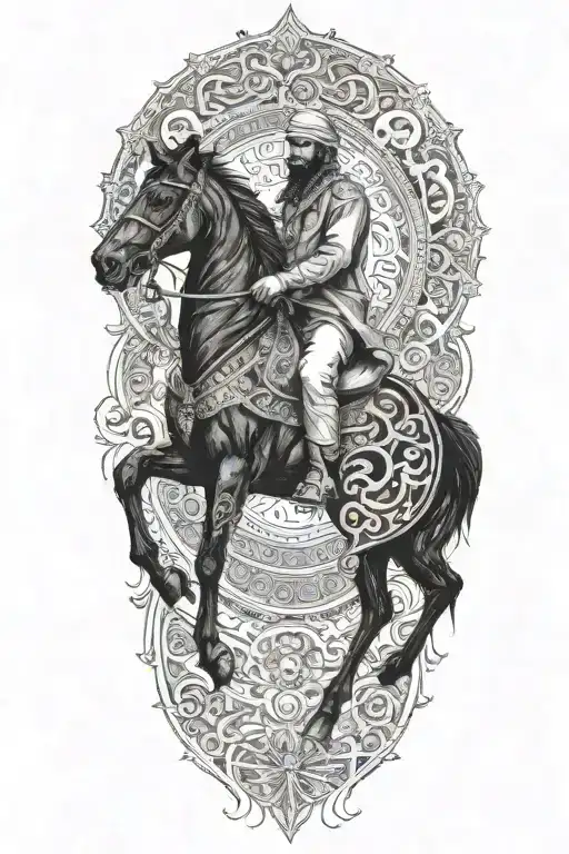 Man On Black Horse Goes Through Fire Middle Eastern