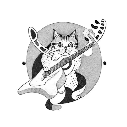 A Cat Playing A Guitar With Musical Notes Swirling Around It