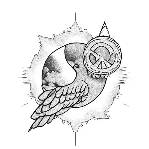 Peace Simbol With Two Birthday Dates And A Hummynbird Fliying Arround