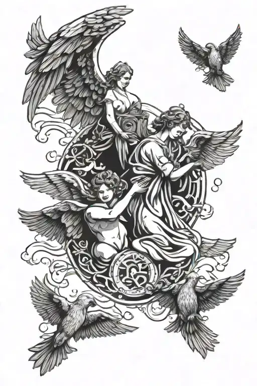 Angels With Clouds And God Around Birds With Money And Guns