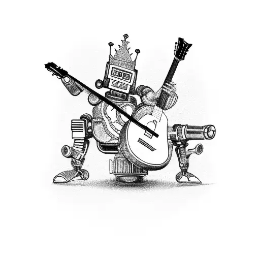 A Robotic King Playing A Guitar Surrounded By Binary Code