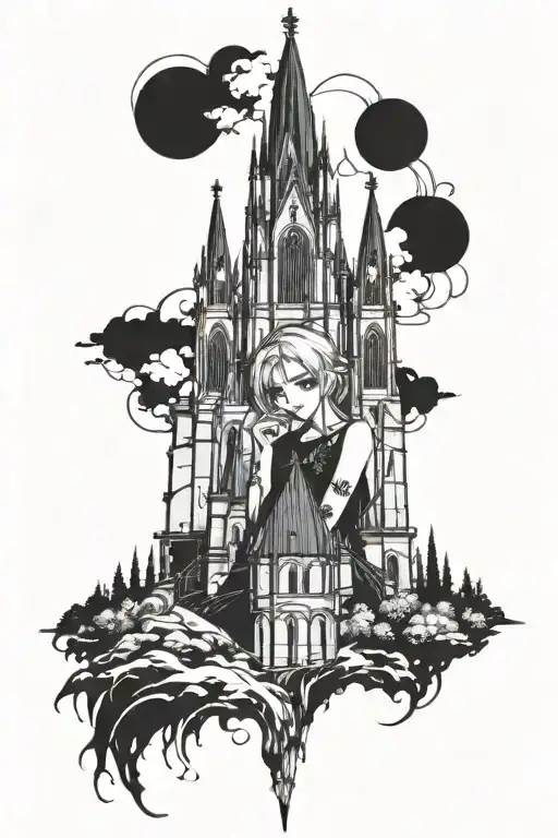 Gothic Anime Girl With Gothic Church Towers Background Filler
