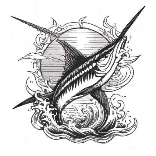 A Majestic Marlin Jumping Out Of The Water With A Sunset In The Background