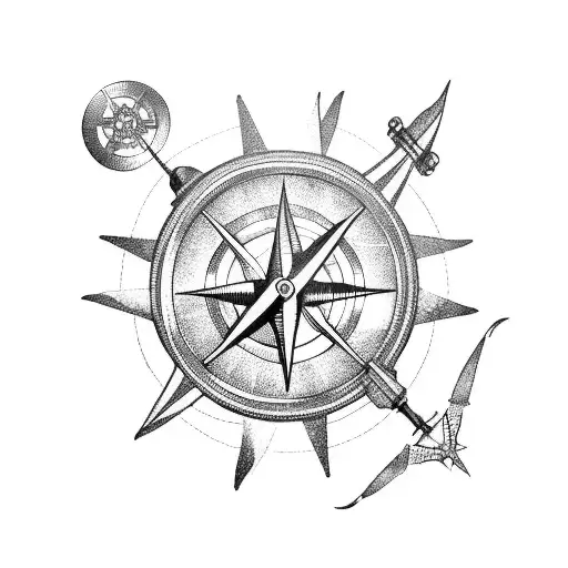 A Mechanical Shark And A Compass Intertwined With A Ship's Wheel