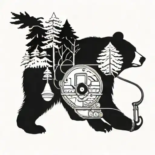 A Blackwork Tattoo Of A Bear Wearing A Stethoscope Camping In The Woods