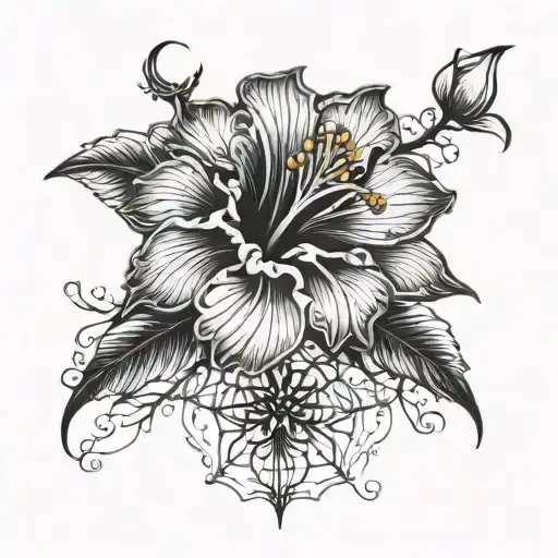 A Beautiful Hibiscus Flower Blooming With Intricate Details Spider Webs