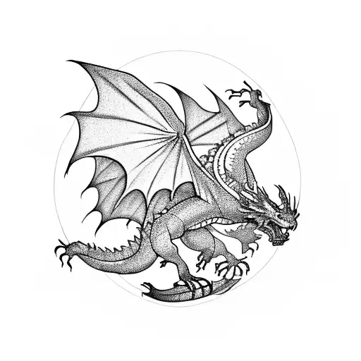 The Silhouette Of A Dragon Flying Inside A Circle Where A Forest Is Drawn Under The Dragon