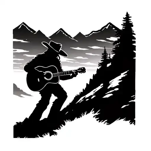 A Silhouette Of A Cowboy Playing A Guitar On A Mountain Peak