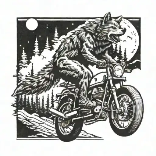 A Wolf Howling At The Moon While Riding A Motorcycle Through A Forest