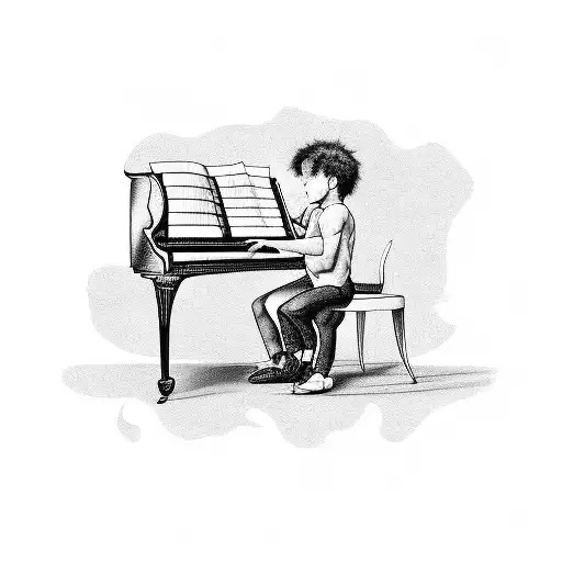 Black Tattoo Of A Boy Playing A Grand Piano With A Sheet Music Background