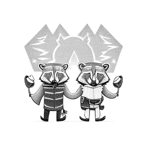 Two Cartoon Raccoons Sitting On A Golf Cart Wearing Cowboy Hats Holding A Natural Light