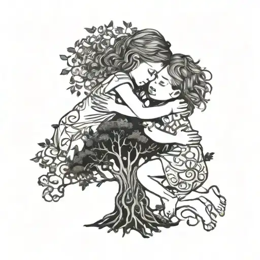 Two Little Girls Hugging A Tree Of Life