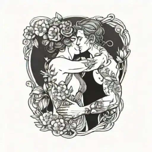 Man Holding Woman Intertwined With Flowers With An Ocean In The Background