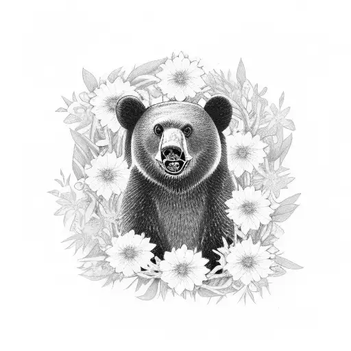 Formosan Black Bear Surrounded By Edelweiss Flowers And Silver Ferns