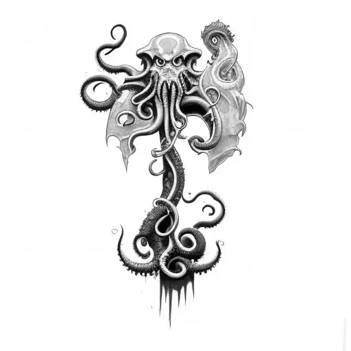 Full Shoulder Tattoo Of An Axe Inspired By Cosmic Horror And Cthulhu With Tentacle Background