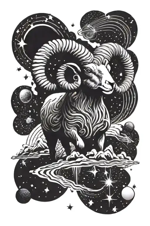 A Surreal Tattoo Of A Ram Floating In Space Surrounded By Stars