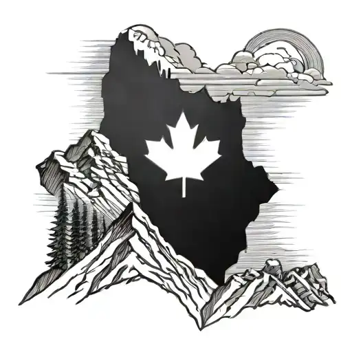 A Black And Grey Tattoo Of A Mountain Range With A Canadian Flag Waving At The Summit
