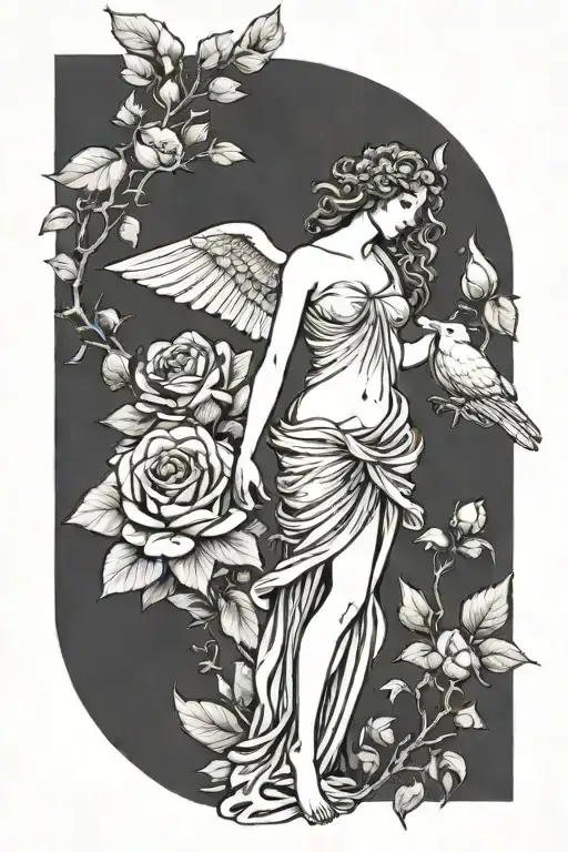 Aphrodite Standing Back Forward In Front Of A Rose Or Myrtle Bush Reaching For A Dove