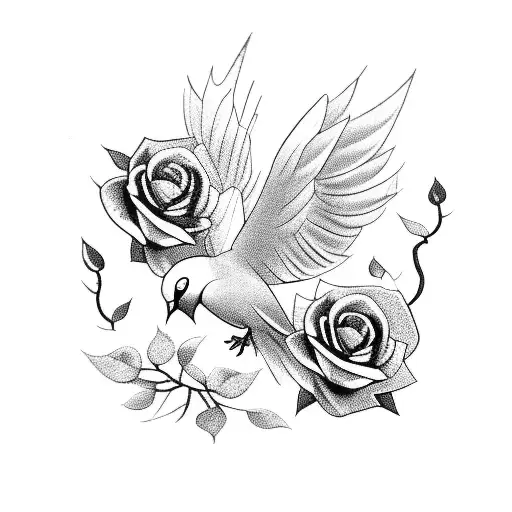 A Gothic-inspired Tattoo Of A Dove Surrounded By Dark Roses And Thorns