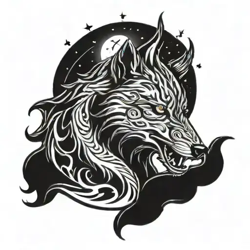 A Cosmic Wolf Howling At The Moon With A Serpent Wrapped Around Its Body
