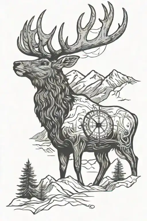 An Elk With Antlers With A Mountain Background And A Compass