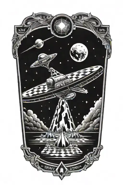 A Woodcut Style Spaceship Navigating Through A Chessboard Galaxy