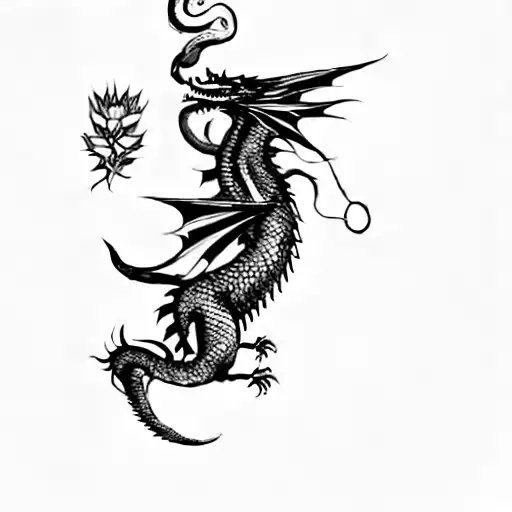 A Dragon On A Black Background Without The Building And Replace Flowers With Chinese Style Clouds