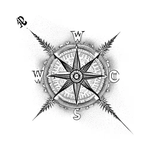 A Detailed Blackwork Tattoo Of A Compass Surrounded By Palm Trees And Coral Reef