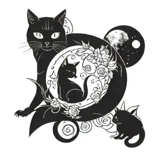 Black Cat Kissing White Cat Sitting On The Moon Surrounded