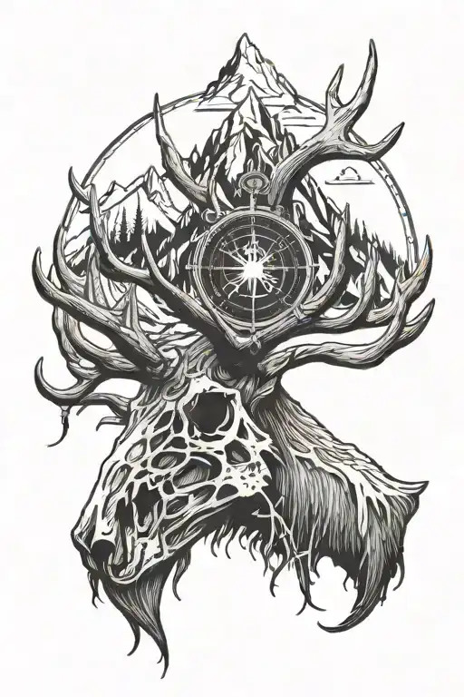 Elk Skull With Antlers With A Mountain Background And A Compass