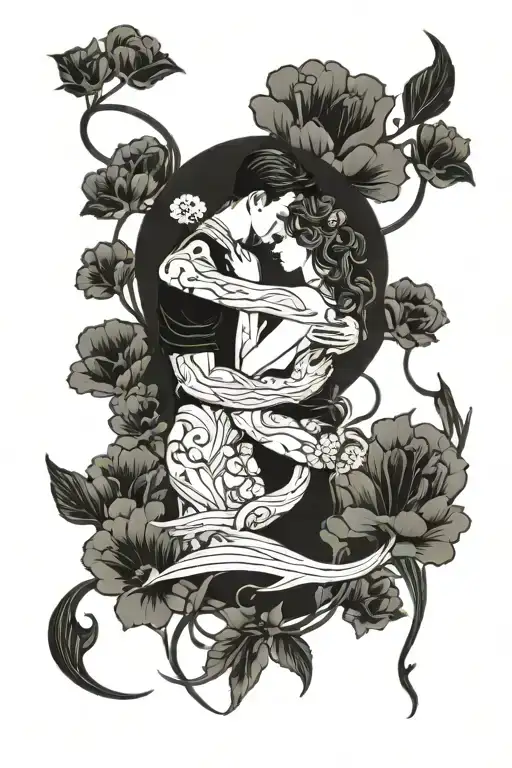 Man Holding Woman Intertwined With Flowers And An Ocean In The Background