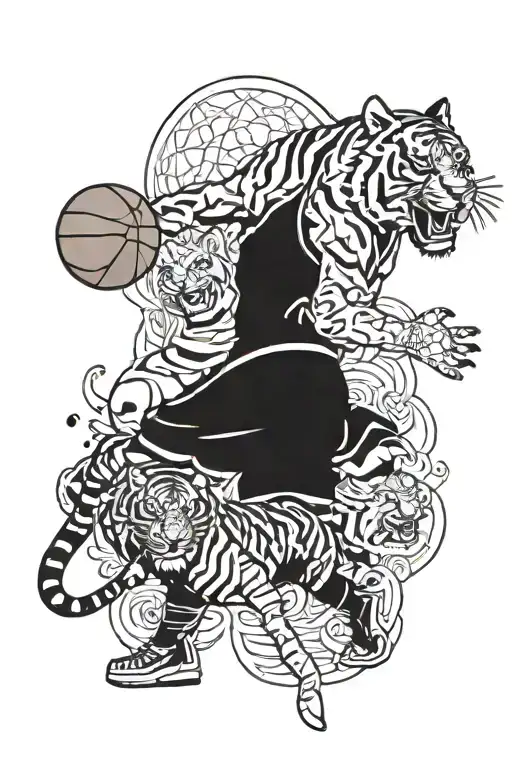 A Tiger Playing A Basketball Game With Anime Characters As The Audience