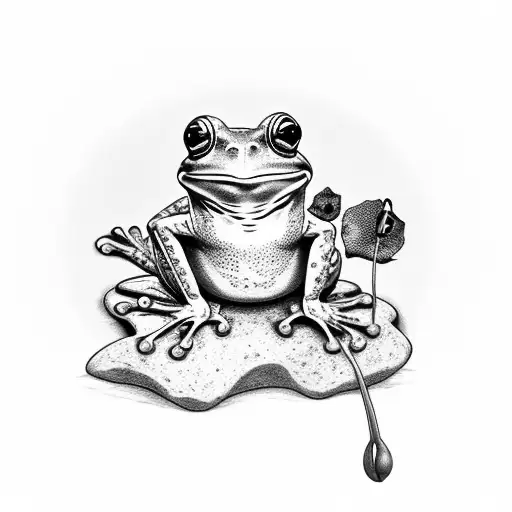 Frog Sitting On A Rock With A Guitar Behind And A Poppy