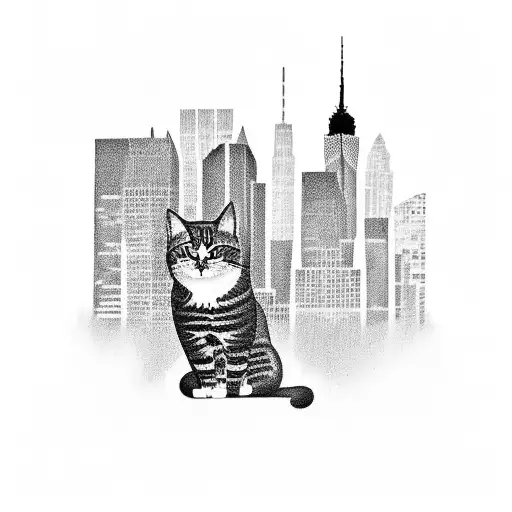 A Skyline Of New York City With A Cat Playing In The Foreground