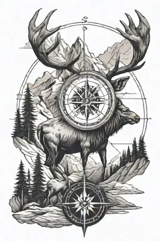 Compass Pointing North To An Elk With Mountains Background