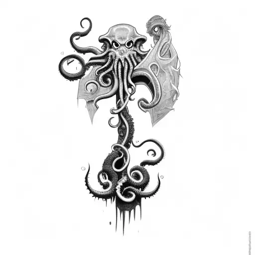 Full Shoulder Tattoo Of An Axe Inspired By Cosmic Horror And Cthulhu With Tentacle Background