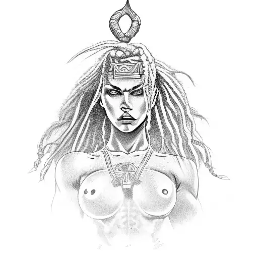 Strong Caucasian Warrior Full Body Woman In A Fighting Stance With Long Messy Dreadlocks