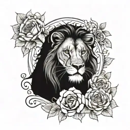 Face Half Lion And Half Lioness With Flowers Around